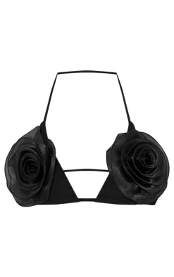 Black Flower Applique Triangle Bikini Top