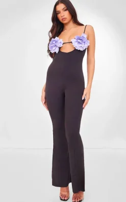 Black Flower Applique Woven Jumpsuit