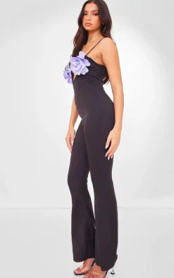 Black Flower Applique Woven Jumpsuit