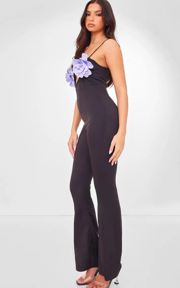 Black Flower Applique Woven Jumpsuit