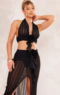 Black Flower Detail Halterneck Crop Top