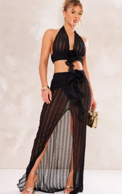 Black Flower Detail Halterneck Crop Top