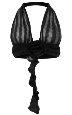 Black Flower Detail Halterneck Crop Top