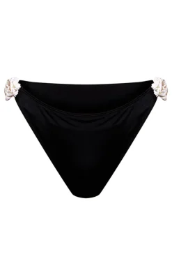 Black Flower Detail High Leg Bikini Bottoms