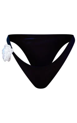 Black Flower Detail Tie Side Bikini Bottoms