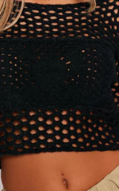 Black Flower Embossed Crochet Oversized Top