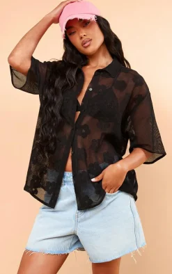 Black Flower Embroidered Oversized Fit Shirt