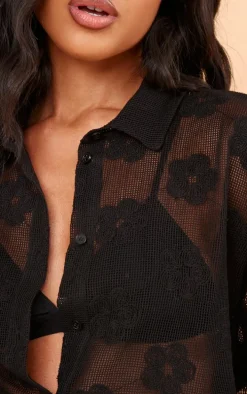 Black Flower Embroidered Oversized Fit Shirt