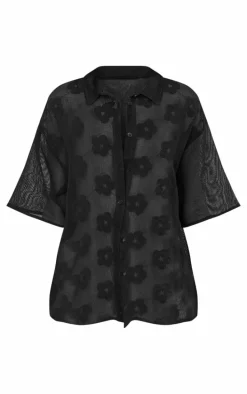Black Flower Embroidered Oversized Fit Shirt