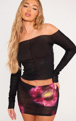Black Flower Print Chiffon Micro Mini Skirt