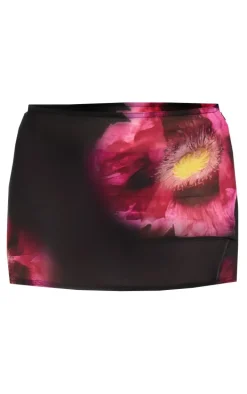 Black Flower Print Chiffon Micro Mini Skirt