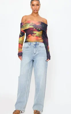 Black Flower Print Slinky Bardot Long Sleeve Long Top