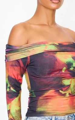 Black Flower Print Slinky Bardot Long Sleeve Long Top