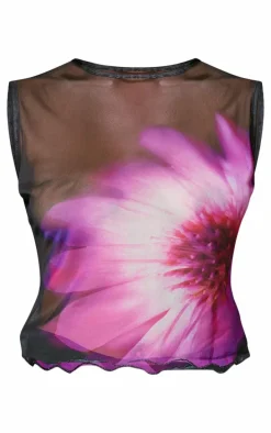 Black Flower Printed Mesh Long Top