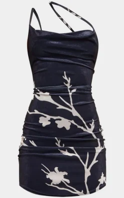 Black Flower Printed Velvet Asymmetric Strap Cowl Bodycon Dress
