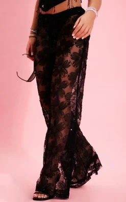 Black Flower Sequin Sheer Pants