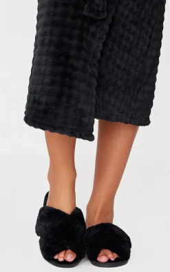 Black Fluffy Cross Strap Slippers