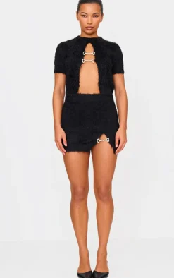 Black Fluffy Knit Embellised Mini Skirt