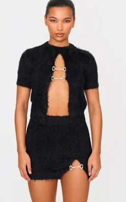 Black Fluffy Knit Embellised Mini Skirt