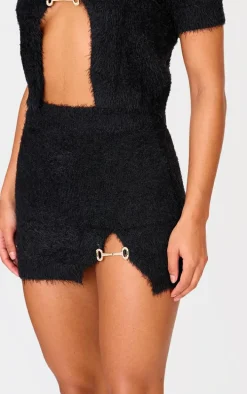 Black Fluffy Knit Embellised Mini Skirt