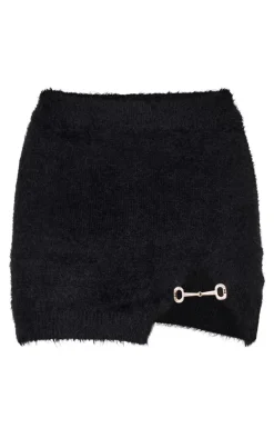 Black Fluffy Knit Embellised Mini Skirt
