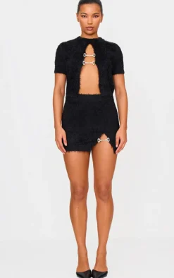 Black Fluffy Knit Embellished Top