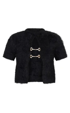 Black Fluffy Knit Embellished Top