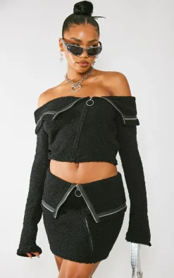 Black Fluffy Knit Fold Over Zipped Crop Jacket