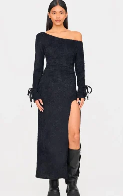 Black Fluffy One Shoulder Maxi Dress