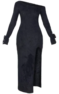 Black Fluffy One Shoulder Maxi Dress
