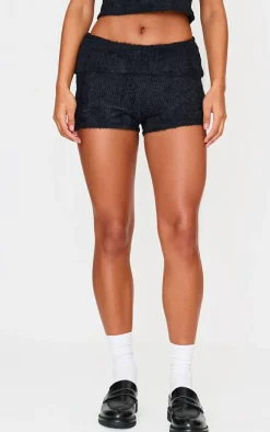 Black Fluffy Textured Fold Over Hot Pants