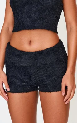 Black Fluffy Textured Fold Over Hot Pants