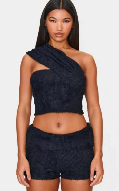 Black Fluffy Textured One Shoulder Top