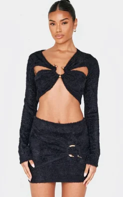 Black Fluffy Textured Trim Detail Crop Top