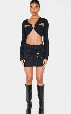Black Fluffy Textured Trim Detail Crop Top