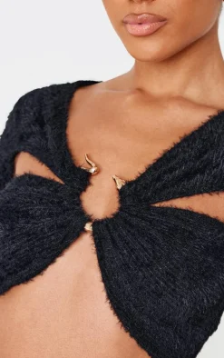 Black Fluffy Textured Trim Detail Crop Top