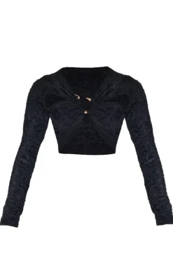 Black Fluffy Textured Trim Detail Crop Top