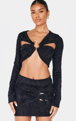 Black Fluffy Textured Trim Detail Wrap Micro Mini Skirt