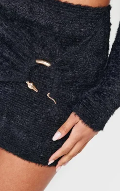 Black Fluffy Textured Trim Detail Wrap Micro Mini Skirt