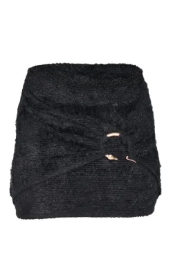 Black Fluffy Textured Trim Detail Wrap Micro Mini Skirt