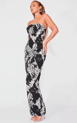 Black Foil Print Bandeau Maxi Dress