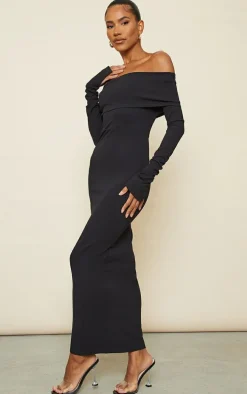 Black Fold Detail Ruched Sleeve Maxi Dress