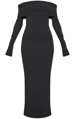 Black Fold Detail Ruched Sleeve Maxi Dress