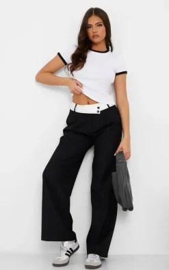 Black Fold Over Asymmetric Waistband Tailored Pants