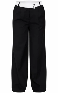 Black Fold Over Asymmetric Waistband Tailored Pants