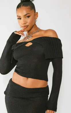 Black Fold Over Key Hole Knit Sweater