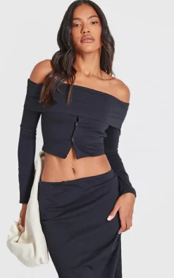 Black Foldover Button Detail Off The Shoulder Top