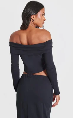 Black Foldover Button Detail Off The Shoulder Top