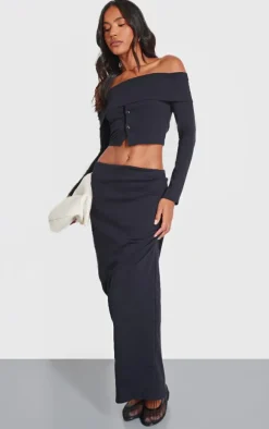 Black Foldover Button Detail Off The Shoulder Top