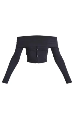 Black Foldover Button Detail Off The Shoulder Top
